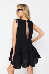 Black Wide Pattern Woven 100% Cotton Ruffle Mini Beach Dress