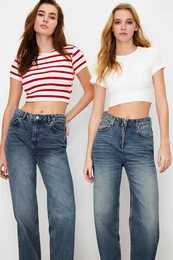 Premium Ecru-Red Ecru Striped 2-Pack Viscose Crop Stretchy Knitted Blouse