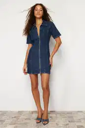 Dark Blue Zippered Fitted Mini Denim Dress