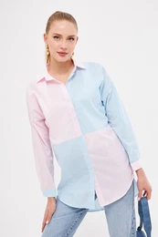 Women's Baby Blue Striped Two Color Long Sleeve Loose Shirt