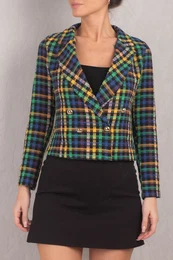 Women's Mustard Double Breasted Collar Tweed Crop Jacket