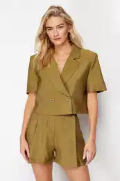 Khaki Woven Short Sleeve Linen Look Blazer Jacket