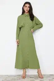 Khaki Detailed Buttoned Woven Shirt Dress