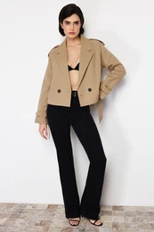 Mink Premium Woven Trench Coat Crop Blazer Jacket