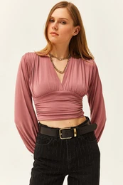 Women's Pale Pink Deep Decollete Waist Banded Crop Blouse