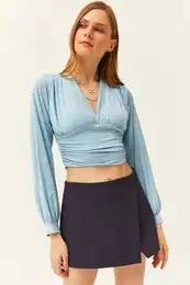 Women's Baby Blue Deep Decollete Banded Waist Crop Blouse