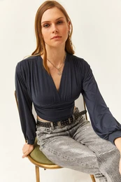 Women's Anthracite Deep Decollete Banded Waist Crop Blouse
