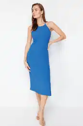 Navy Blue Fitted/Body-Hugging Halter Collar Midi Woven Dress