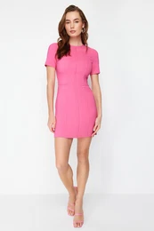 Pink A-line Crew Neck Mini Woven Dress