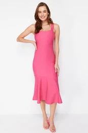 Fuchsia Skirt Flounce Strap Midi Woven Dress