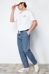 Blue Elastic Waist Wide Fit Loose Jeans Jeans