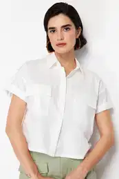 Ecru Pocket Detailed Cotton Regular Normal Fit Woven Shirt