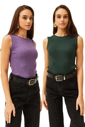 Women's Purple Emerald Green Crew Neck 2 Pack Blouse