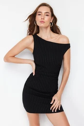 Black One Shoulder Mini Striped Stretchy Mini Woven Dress