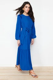 Blue Belted Viscose Blended Woven Dress with Ruffled Shoulder Skirt Flounce Lined