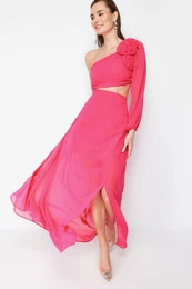 Fuchsia A-Line Lined Window/Cut Out Detailed Chiffon Gradient Chic Evening Dress