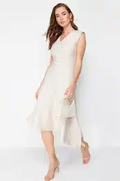 Stone A-Line Skirt Asymmetrical Midi Woven Dress