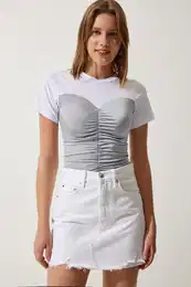 Happiness stanbul Women's White Gray Color Block Color Knitted Blouse