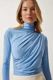 Happiness stanbul Women's Sky Blue Gathered Detailed High Neck Sandy Blouse