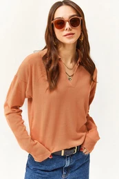 Women's Salmon Polo Neck Fine Knitwear Sweater