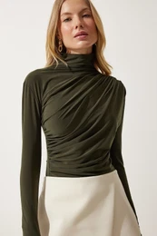 Happiness stanbul Women's Khaki Ruffle Detailed High Collar Sandy Blouse