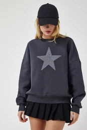Happiness stanbul Women's Anthracite Star Embroidered Raised Knitted Sweatshirt