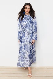 Blue Floral Pattern Lined Long Chiffon Evening Dress