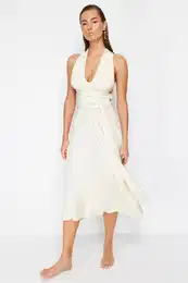 Bridal Ecru Belted Maxi Knitted Tie Beach Dress