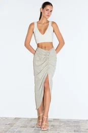 Beige Gather Detailed Cotton Linen Blend Midi Length Woven Skirt