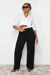 Curve Black Waist Poplin Detail High Waist Wide Leg Knitted Plus Size Trousers
