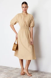 Camel Waist Open Back Detail Midi Woven Dress