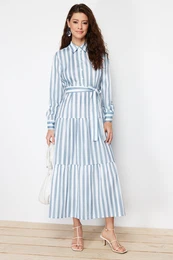Blue Shirt Collar Gradient Striped Belted Woven Dress