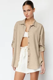 Beige Low Sleeve Oversize Cotton Linen Woven Shirt