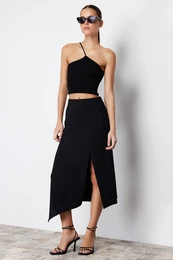 Black Asymmetric Cut Out and Slit Detail Maxi Skirt