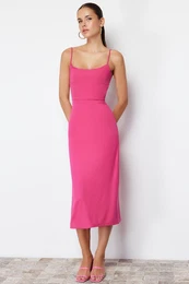 Fuchsia Cut Out Detailed Slit Body Fitted Strap Midi Flexible Knitted Pencil Dress