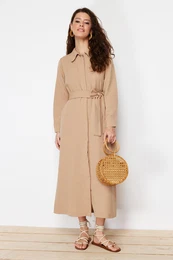 Light Beige Linen Look Woven Dress