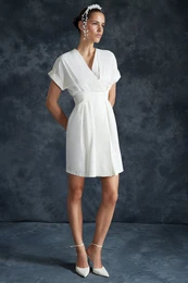 White Double Breasted Neckline A-Line Mini Woven Dress