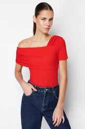 Red Asymmetrical Collar Fitted Knitted Bodysuit