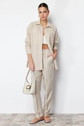 Beige Striped Oversize Linen Look Woven Shirt