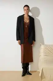 Brown Straight Cut Satin Strappy Maxi Woven Dress