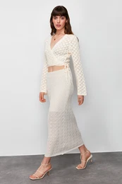 Stone Midi Lined Openwork/Perforated Knit Skirt