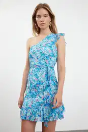Blue Floral Belted Mini Patterned Single Sleeve Detailed Ruffle Lined Flexible Knit Dress