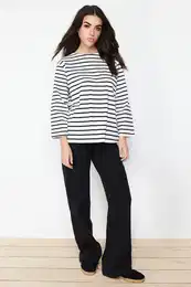 Ecru Regular Single Jersey Cotton Lycra Striped Knitted Tunic