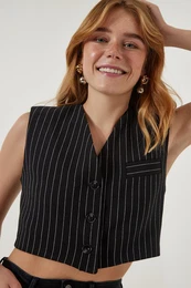 Happiness stanbul Women's Black Striped Mini Woven Vest
