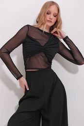 Trend Alaat Stili Women's Black Crew Neck Tulle Detailed Front Draped Blouse