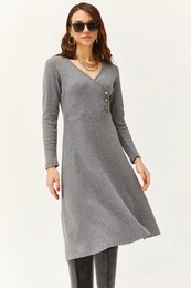 Women's Smoky Button Detail Double Breasted Midi A-Line Dress