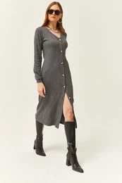 Women's Smoky V-Neck Buttoned Thick Ribbed Midi Dress