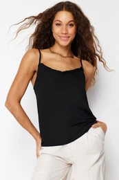 Black Collar Frilly Strappy Woven Blouse
