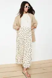 Ecru Lined Animal Polka Dot Pleated Woven Skirt