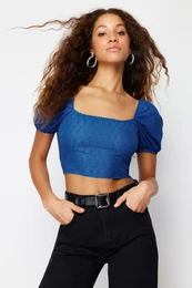 Indigo Embroidery Balloon Sleeve Woven Blouse